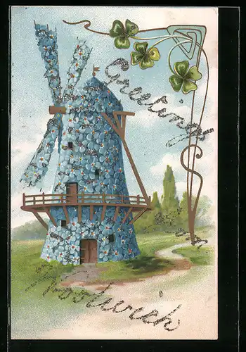 Präge-AK Herzlichen Glückwunsch zum Geburtstag, Eine mit Blumen verzierte Windmühle