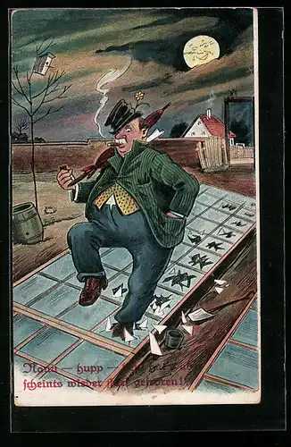 Künstler-AK Trinker richtet Zerstörungen in einem Garten an