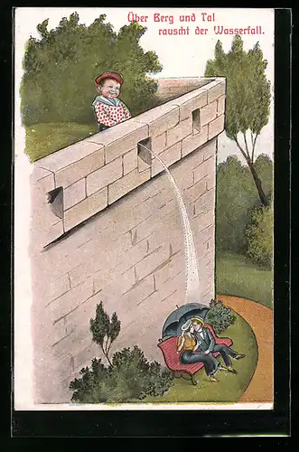 AK Junge pullert von der Mauer auf ein Pärchen