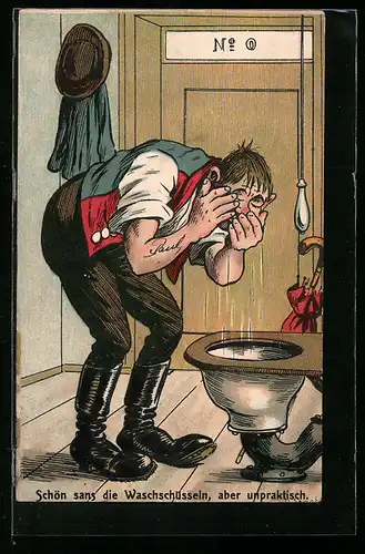 AK Mann wäscht sein Gesicht in der Toilettenschüssel, Toilettenhumor
