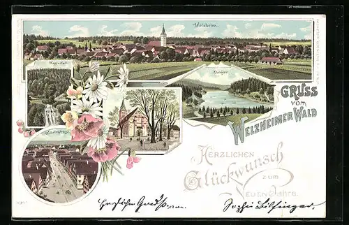 Lithographie Welzheim /Welzheimer Wald, Kirche Unter den Linden, Wasserfall, Ebnisee