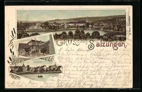 Lithographie Salzungen, Saline und Directionsgebäude Gradierhaus, Seepforte, Uferpartie