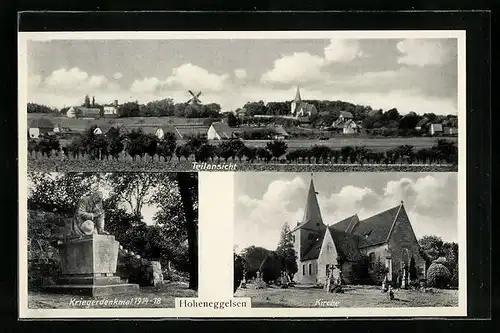 AK Hoheneggelsen, Ansicht der Kirche, Kriegerdenkmal 1914-18, Ortsansicht