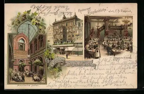 Lithographie Berlin, Restaurant Hopfenblüte, Unter den Linden 27, Maurische Hallen