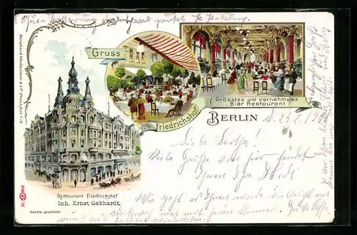 Lithographie Berlin, Restaurant Friedrichshof, Innenansicht, Garten