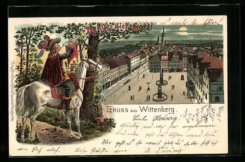 Lithographie Wittenberg, Panorama vom Stadtturm aus bei Mondschein, Trompeter zu Pferde