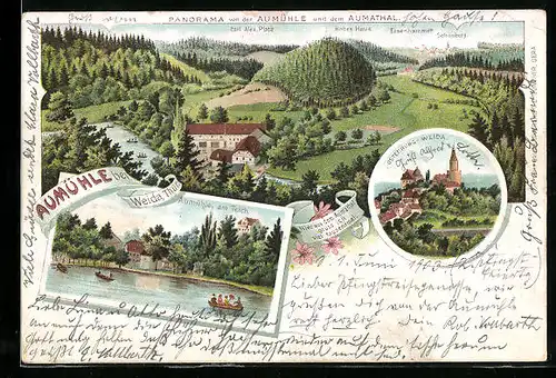 Lithographie Weida /Thür., Aumühle, Osterburg, Panorama von der Aumühle und dem Aumathal mit Eisenhammer