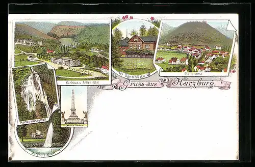 Lithographie Bad Harzburg, Kurhaus und Actien-Hotel, Radauwasserfall, Sennhütte