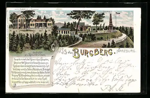 Lithographie Harzburg, Hotel Burgberg mit Brocken und Canossasäule, Gedicht am Kaiserbrunnen