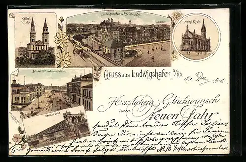 Lithographie Ludwigshafen, Katholische Kirche, Bahnhof und Directionsgebäude, Rheinbrücke