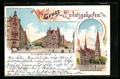 Lithographie Ludwigshafen a / Rh., Prinzregenten-Strasse, Neue protestantische Kirche