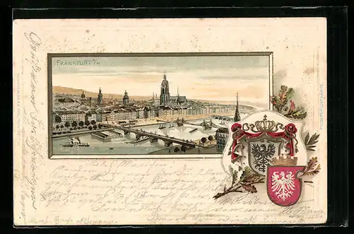 Passepartout-Lithographie Frankfurt / Main, Blick über die Mainbrücke nach der Stadt, Wappen