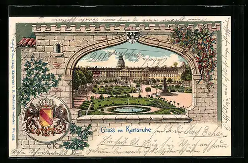 Passepartout-Lithographie Karlsruhe, Ansicht vom Schlossgarten, Wappen