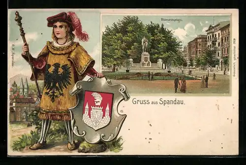 Passepartout-Lithographie Berlin-Spandau, Bismarckplatz mit Denkmal, Herold mit Stab, Wappen