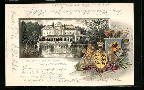 Präge-Passepartout-Lithographie Ludwigsburg, Schloss Monrepos mit Schwanenteich und Wappen