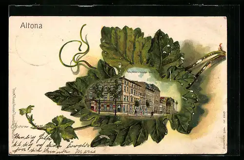 Passepartout-Lithographie Hamburg-Altona, Ellée Ecke Holsten-Strasse mit Passanten im Weinblatt