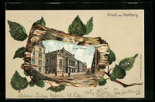 Passepartout-Lithographie Hamburg-Neustadt, Stadt-Theater dargestellt auf Holz