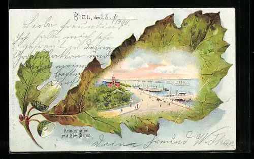 Passepartout-Lithographie Kiel, Kriegshafen mit Seegarten im Eichenblatt