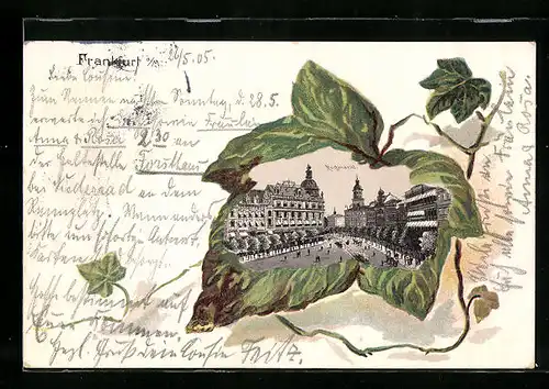 Passepartout-Lithographie Frankfurt /Main, Ansicht vom Rossmarkt auf Efeublatt