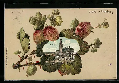 Passepartout-Lithographie Hamburg, Motiv vom Rathaus, Eichenblatt