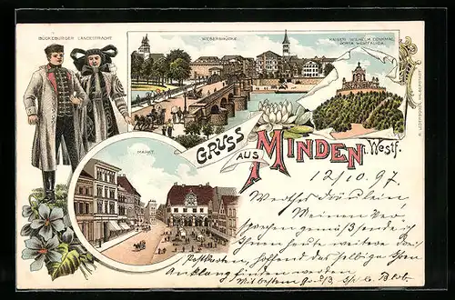 Lithographie Minden i. Westf., Weserbrücke und Kaiser Wilhelm Denkmal, Porta Westfalica, Markt