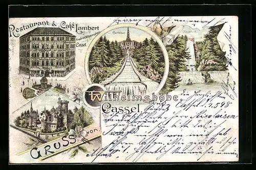 Lithographie Wilhelmshöhe bei Cassel, Restaurant und Cafe Lambert, Cascaden, Aquaduct, Löwenburg