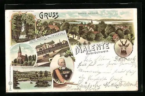 Lithographie Malente /Gremsmühlen, Hotel Hansa, Ugleisee, Kirche, Dieksee bei Gremsmühlen