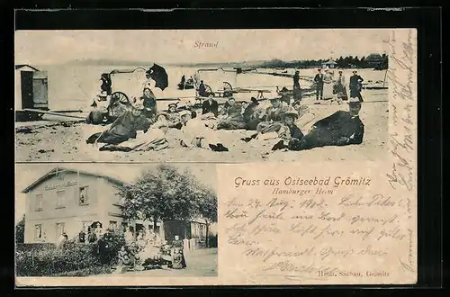 Lithographie Grömitz, Gasthaus Hamburger Heim, Strand