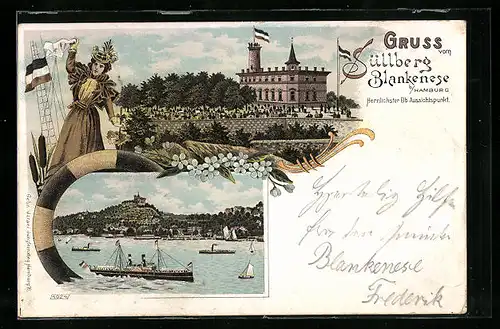 Lithographie Blankenese bei Hamburg, Aussichtspunkt Süllberg, Wasserpartie, Winkende Dame