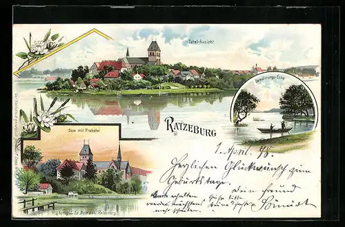 Lithographie Ratzeburg, Demolirungs-Ecke, Dom mit Probstei, Totalansicht
