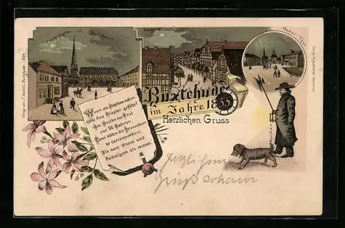 Lithographie Buxtehude, Marktplatz u. Rathaus im Jahre 1855, Geest-Tor, Lange Strasse, Nachtwächter mit Hund