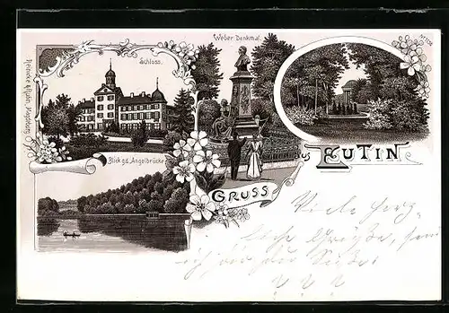 Lithographie Eutin, Weber Denkmal, Schloss, Angelbrücke