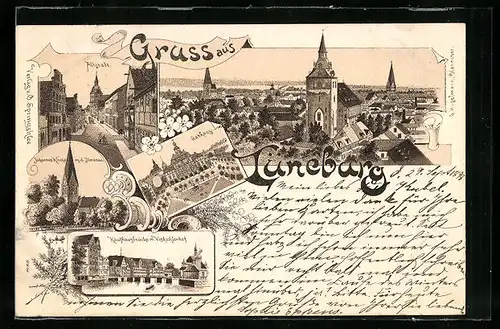 Lithographie Lüneburg, Kaufhausbrücke mit Viskuhlenhof, Teilansicht, Altstadt, Johannes Kirche m.d. Ilmenau