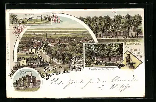 Lithographie Buxtehude, Bahnhofs-Hôtel, Partie aus dem Garten, Königliche Baugewerk-Schule