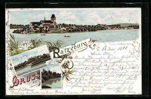 Lithographie Ratzeburg, Totalansicht, St. Georgsberg, Dom Idylle