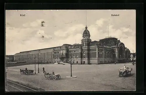 AK Kiel, Bahnhof mit Pferdewagen