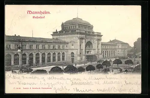 AK Mannheim, Bahnhof mit Strasse aus der Vogelschau