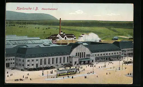 AK Karlsruhe, Hauptbahnhof und Vorplatz mit Strassenbahn aus der Vogelschau