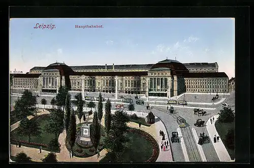 AK Leipzig, Hauptbahnhof mit Strasse von oben gesehen