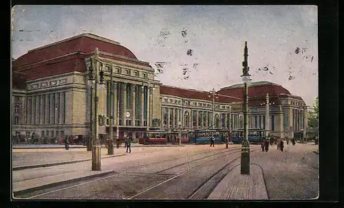 AK Leipzig, Blick zum Hauptbahnhof, Strassenbahn