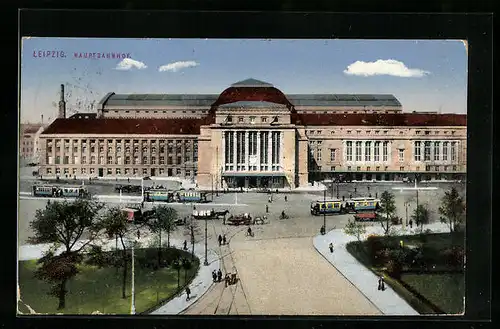 AK Leipzig, Hauptbahnhof mit Strassenbahn