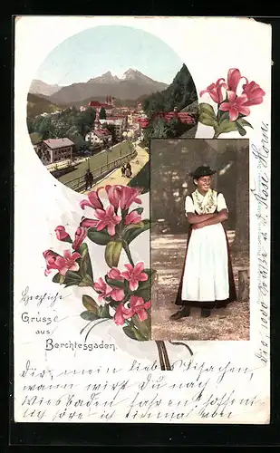 AK Berchtesgaden, Ortsansicht u. junge Frau in Tracht