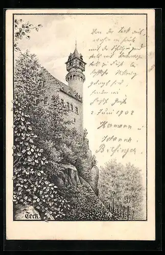 Künstler-AK Teck, Blick auf die Burg