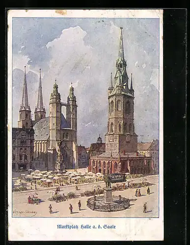 Künstler-AK Halle a. d. Saale, Marktplatz mit Rotem Turm