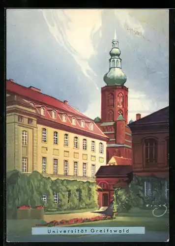 Künstler-AK Greifswald, Teilansicht der Universität, Blick zur Kirche