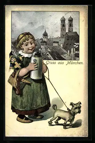 Präge-AK München, Mönchlein mit Kindl-Puppe und Hund, Teilansicht