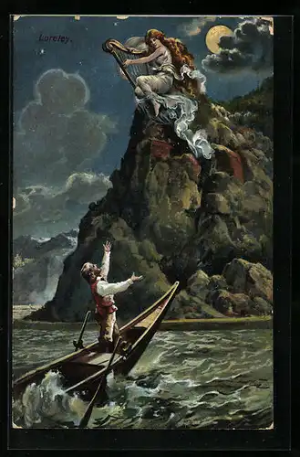Mondschein-AK Gestikulierender Fischer und harfenspielende Loreley