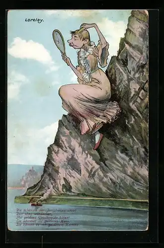 AK Sich kämmende Loreley mit Männergesicht, Karikatur