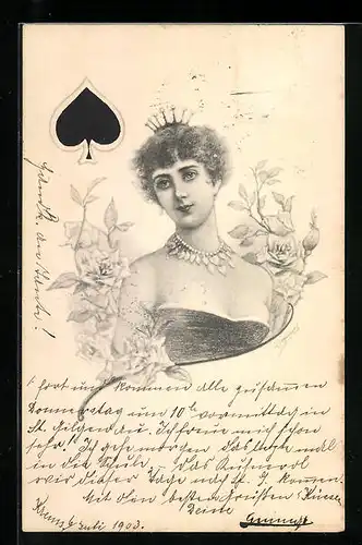 AK Piksymbol mit bekrönter Dame und Rosen
