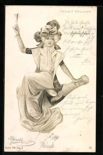 AK Dame mit Riesenflasche und Sektkelch